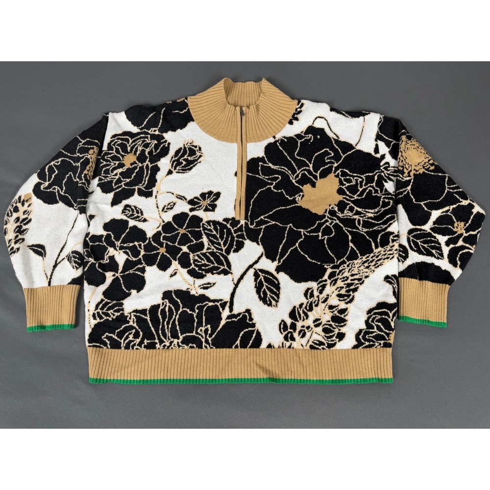 Maeve Floral Quarter Zip Sweater Womens Medium Tan Black White Mock Neck